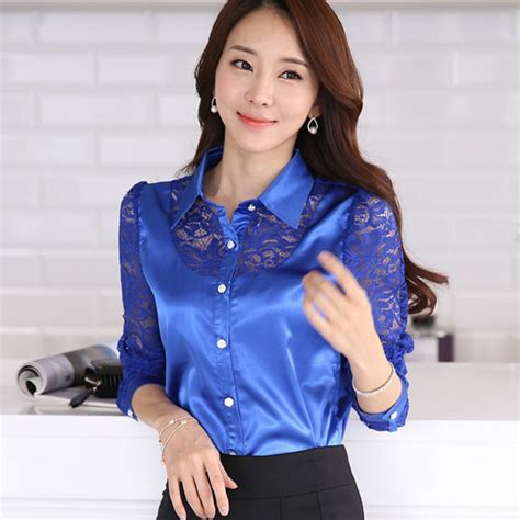 2016 Long Sleeve Satin Shirt Women White Satin Blouse Women Silk Tops Lace Blouse Women Work