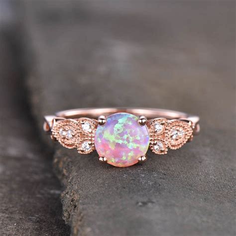 Floral Pink Fire Milgrain Opal Engagement Ring 14k18k Rose Gold