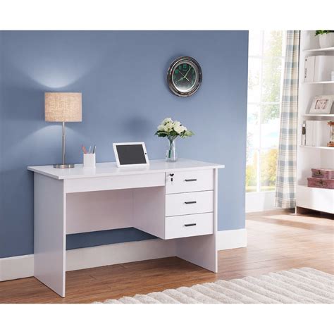 Modern Office Desk With Three Locking Drawers White