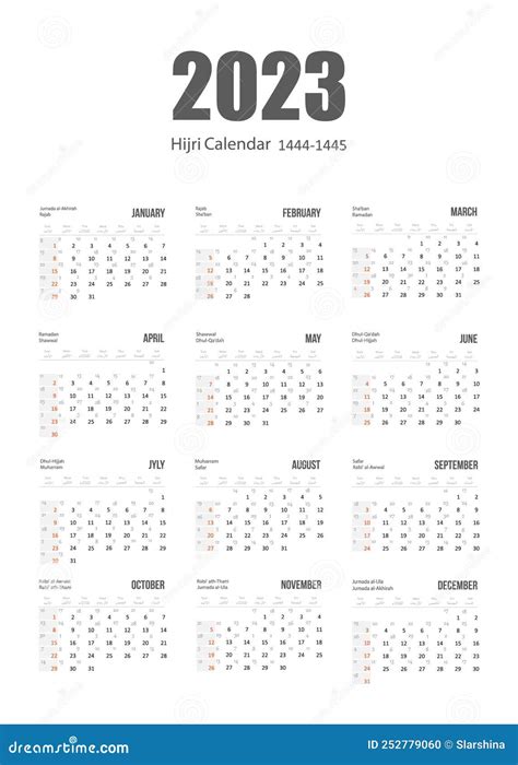 Hijri Islamic And Gregorian Calendar 2023 From 1444 To 1445 Vector