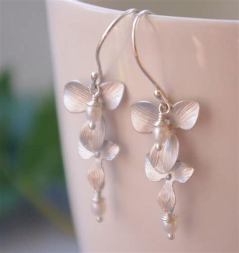 Sterling Silver Orchid Earrings Pearl Earrings Maid Of Honor Gift