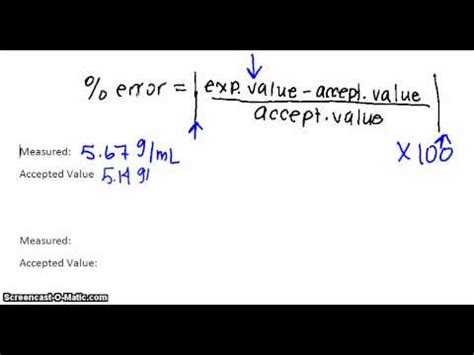 To calculate percent error you will first want to find the difference between the value that has been measured and an accepted/standard value. Equation For Percent Error Science