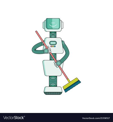 Robot Doing Housework On Cleaning House Sweeping
