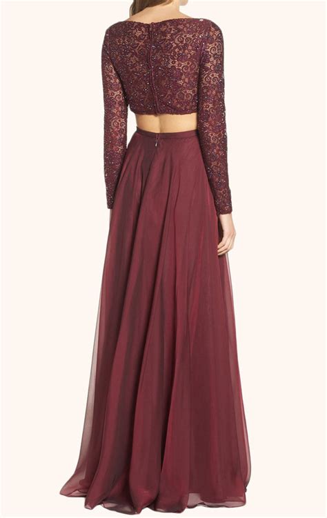 Macloth Two Piece Long Sleeves Lace Prom Gown Burgundy Formal Dress