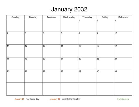 Basic Calendar For January 2032