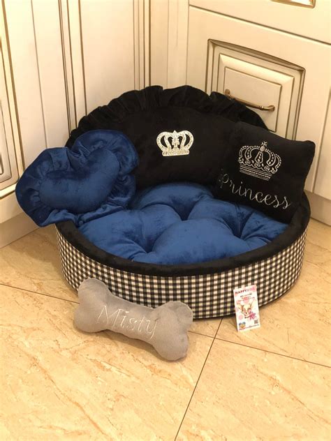 Navy Blue And Black Tartan Luxury Dog Bed Personalized Dog Bed Designer