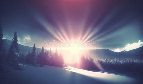 The Sun Shines Brightly Over A Snowy Landscape With Pine Trees Stock
