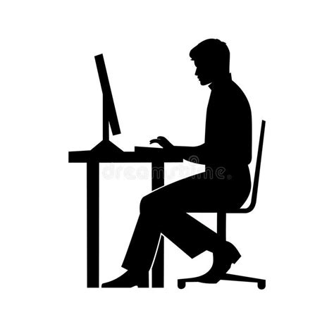 Black Silhouette Of A Man Sitting Behind A Computer Icon Stock