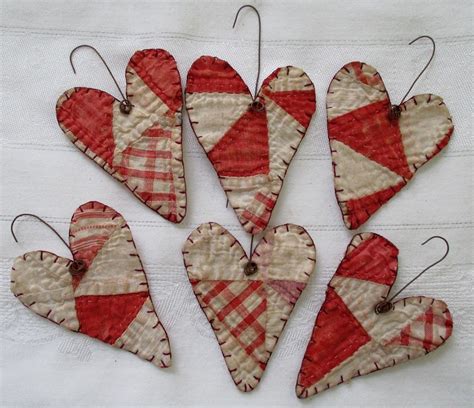 Primitive Antique Cutter Quilt Heart Ornaments Ornies Set Of 6