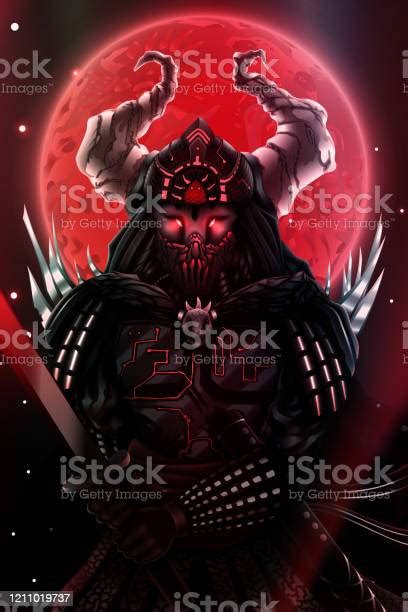vetores de fantasia japonesa samurai silhueta sobre lua de sangue vermelho guerreiro com espada