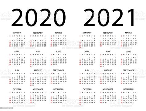 Another 2020 calendar with week numbers. Calendar 2020 2021 Illustration Week Starts On Sunday ...