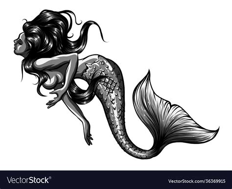 Monochromatic Beautiful Mermaid With Hand Drawn Vector Image
