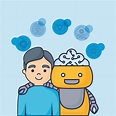 Robot de dibujos animados con iconos relacionados con la inteligencia ...