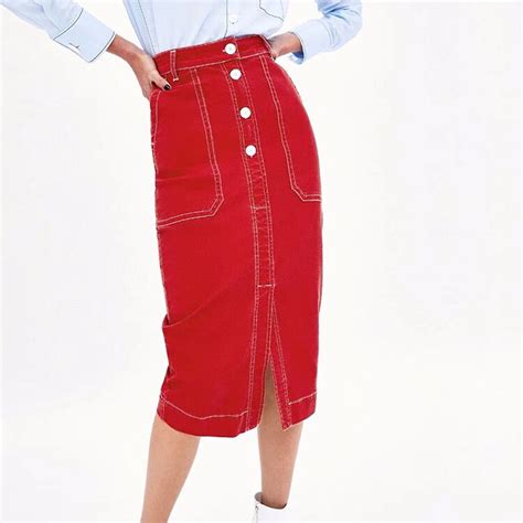 Sexemara Womens Skirt Red Pencil Skirt High Waist Buttons Denim Skirt Mujer Moda 2018 Midi