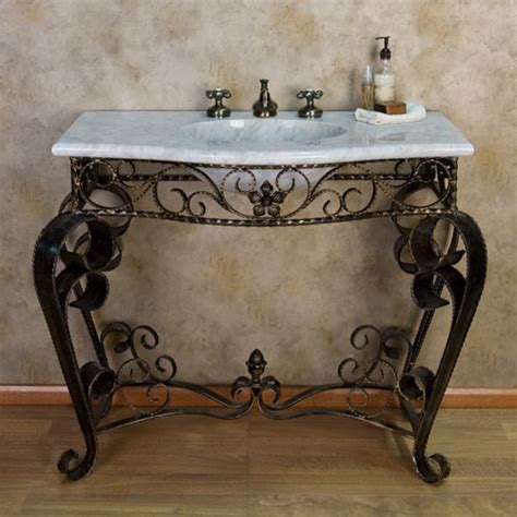 Travertine bathroom vanity counter top with organic onyx sink,base handforged wrought iron. Scrolled Wrought Iron Console Vanity with Recessed Carrara ...