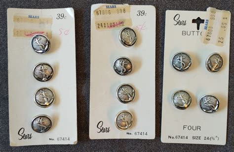 Vintage Sears Buttons On Cards 5 Cards Silver Tone Metal Buttons