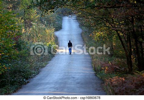 Man Walking Alone On The Road In The Forest Man Walking On The Road