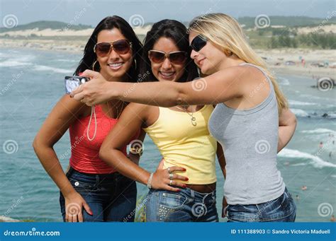 Three Beautiful Women Taking Selfie On The Beach Stock Image Image Of Amusement Outdoors