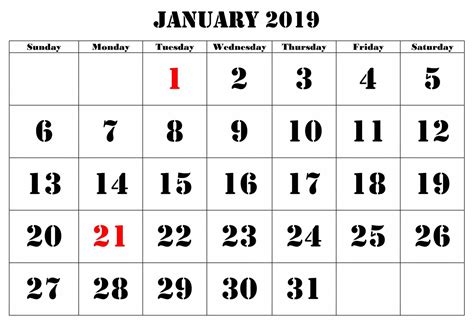 Calendar January 2019 Printable Template In Pdf Word Excel