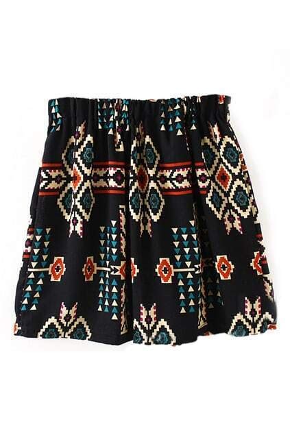 romwe geometric print pleated elastic waistband navy skirtfor women romwe