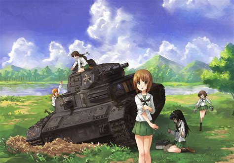 Akiyama Yukari Black Hair Brown Hair Clouds Combat Vehicle Girls Und