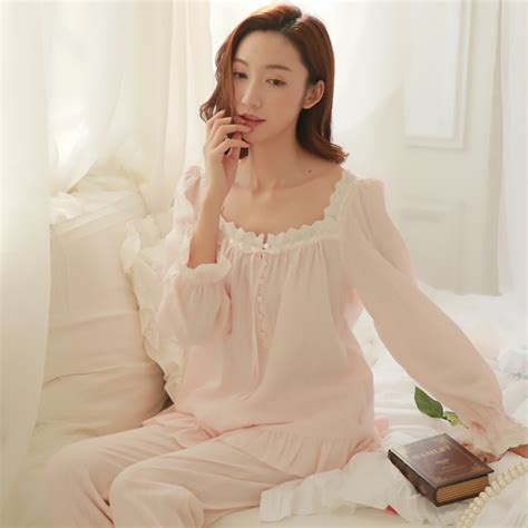 Renyvtil Princess Pajamas Suit Cotton Lace Sleepwear Women Summer Long