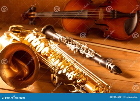 Classic Music Sax Tenor Saxophone Violin And Clarinet Vintage Stock