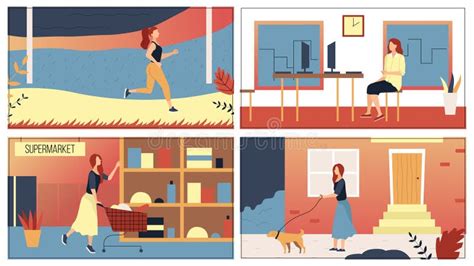 Concept Of Everyday Leisure Routine Woman Bundle Of Daily Life Scenes