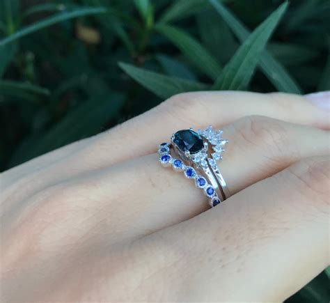 090ct Dark Blue Sapphire Engagement 3 Piece Ring Set Genuine Oval