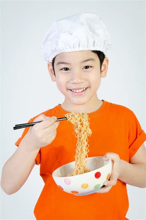 Asian Child Eating Ramen Noodles In Ceramic Bowl Stock Image Image