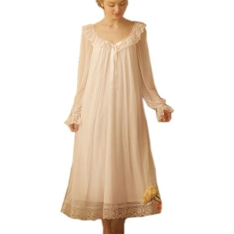 Womens Victorian Nightgown Long Sheer Vintage Nightdress Lace Lounge Sleepwear Mesh Cotton