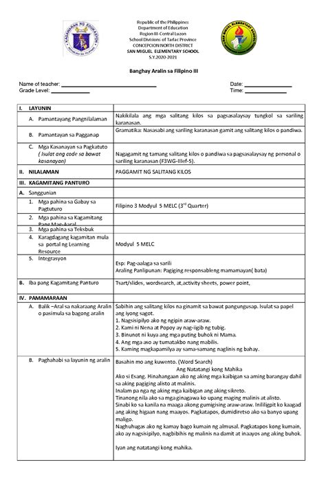 Detailed Lesson Plan In Filipino Grade 3 Pandiwa Maikling Banghay