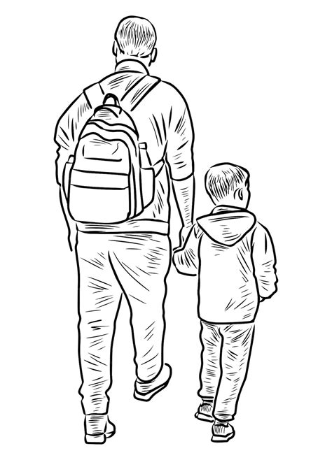 Dibujo De Contorno De Padre Con Su Pequeño Hijo Caminando Juntos Para