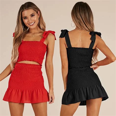 Lguc H 2 Piece Sets Women Mini Skirt Set Cute Crop Top Suit Woman Summer Clothes 2018 Red Black