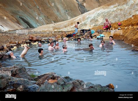 Tourists Bathing In A Natural Hot Spring On The Kerlingarfjoll