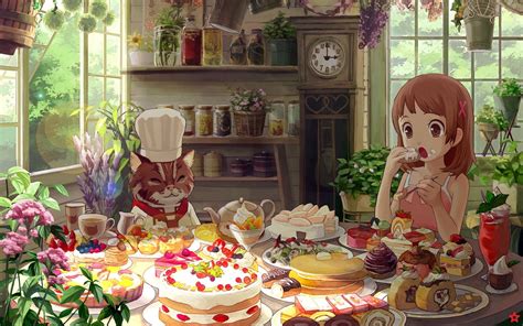 Wallpaper Food Anime Girls Dessert Flower Meal Buffet Floristry