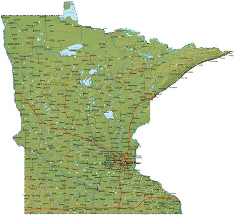 Minnesota State Map Plus Terrain With Cities And Roads Images And