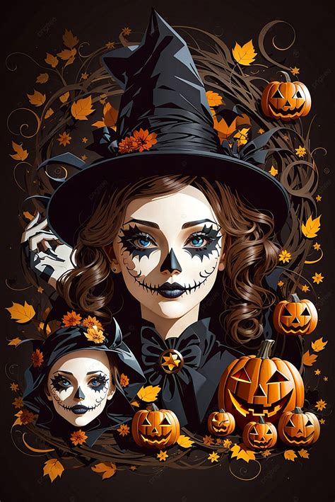 Woman Witch And Spooky Halloween Pumpkins Background Wallpaper Image