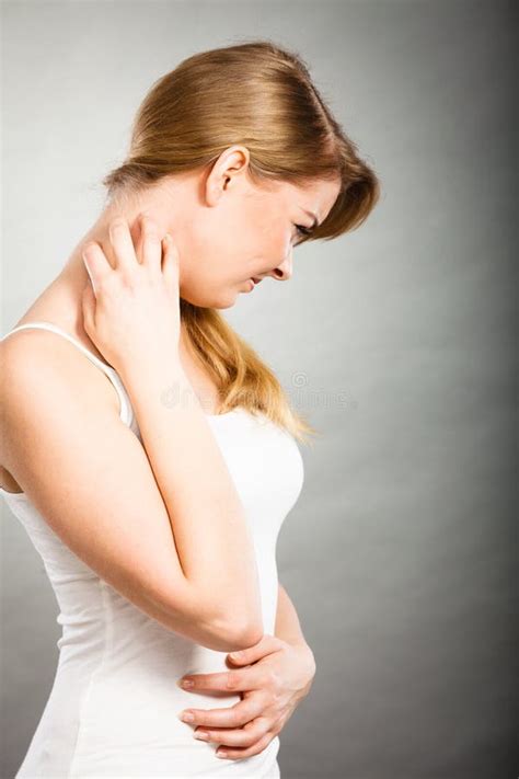 Woman Scratching Her Itchy Neck With Allergy Rash Stock Photo Image