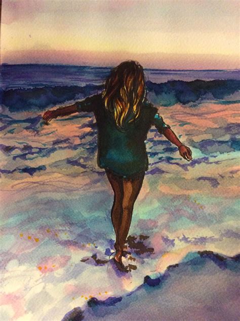 A Marker And Watercolor Drawing Of A Girl Walking By The Beach Near The Ocean With Her Hair