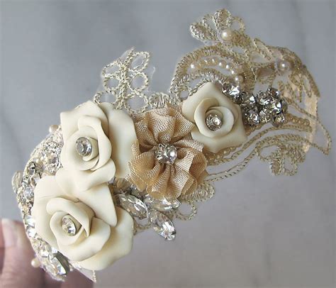 Champagne Lace Headband With Vintage Rhinestones And
