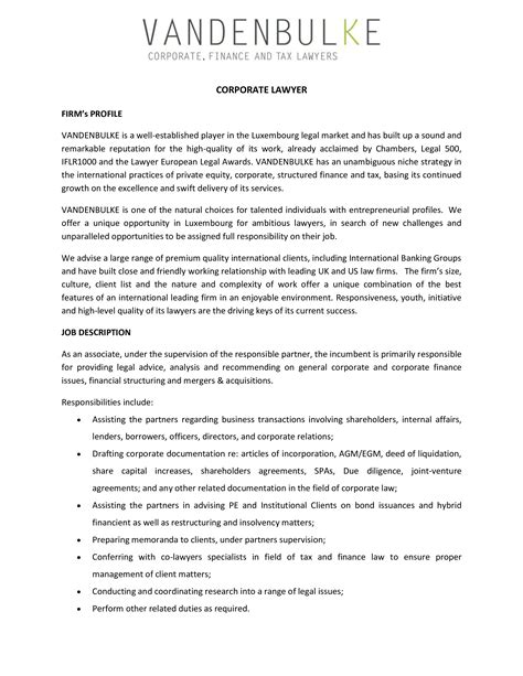 Corporate Lawyer Job Description Templates At