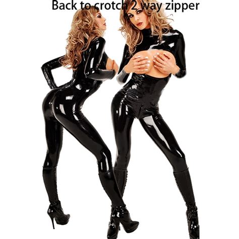 Black Faux Leather Catsuit Women Back To Crotch Zipper Open Bra
