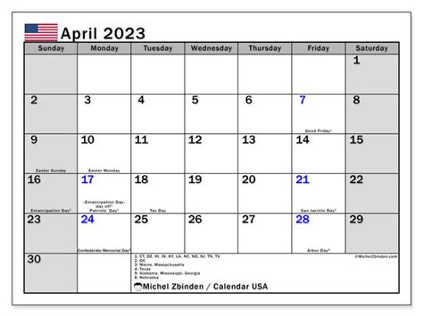 April 2023 Printable Calendar “33ms” Michel Zbinden Us