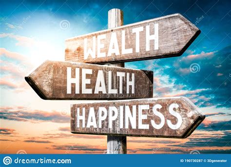 Wealth Health Happiness Wooden Signpost Roadsign With Three Arrows