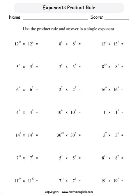 Exponents worksheet based on multiplying exponents by using the product