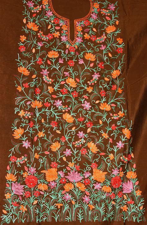Brown Salwar Kameez Fabric Kashmir With Floral Aari Embroidery Exotic
