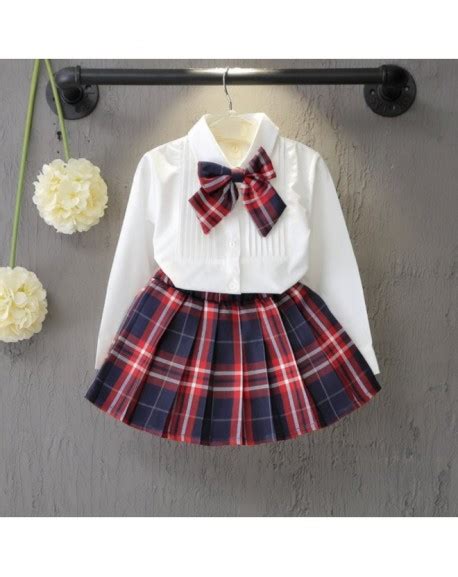 Little Girls Outfit Bow Button Down Blouse Shirt Plaids Skirt Uniform