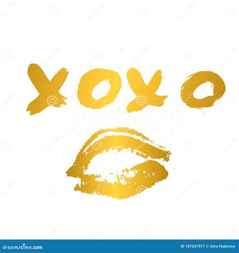 Xoxo Hand Written Phrase And Gold Lipstick Kiss Isolated On White