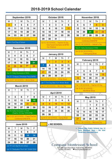 2018 2019 School Year Calendar Compass Montessori School Of Federal Way